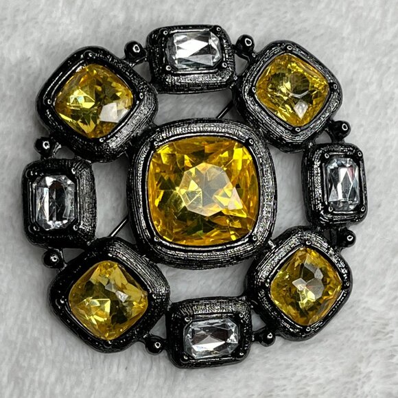 Chico's Yellow FAUX Crystal Acrylic Large Pendant Pin Brooch gun metal gray - Picture 1 of 3